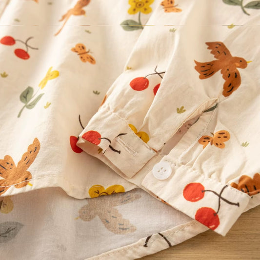 Bird & Cherry Print Button-Up Blouse