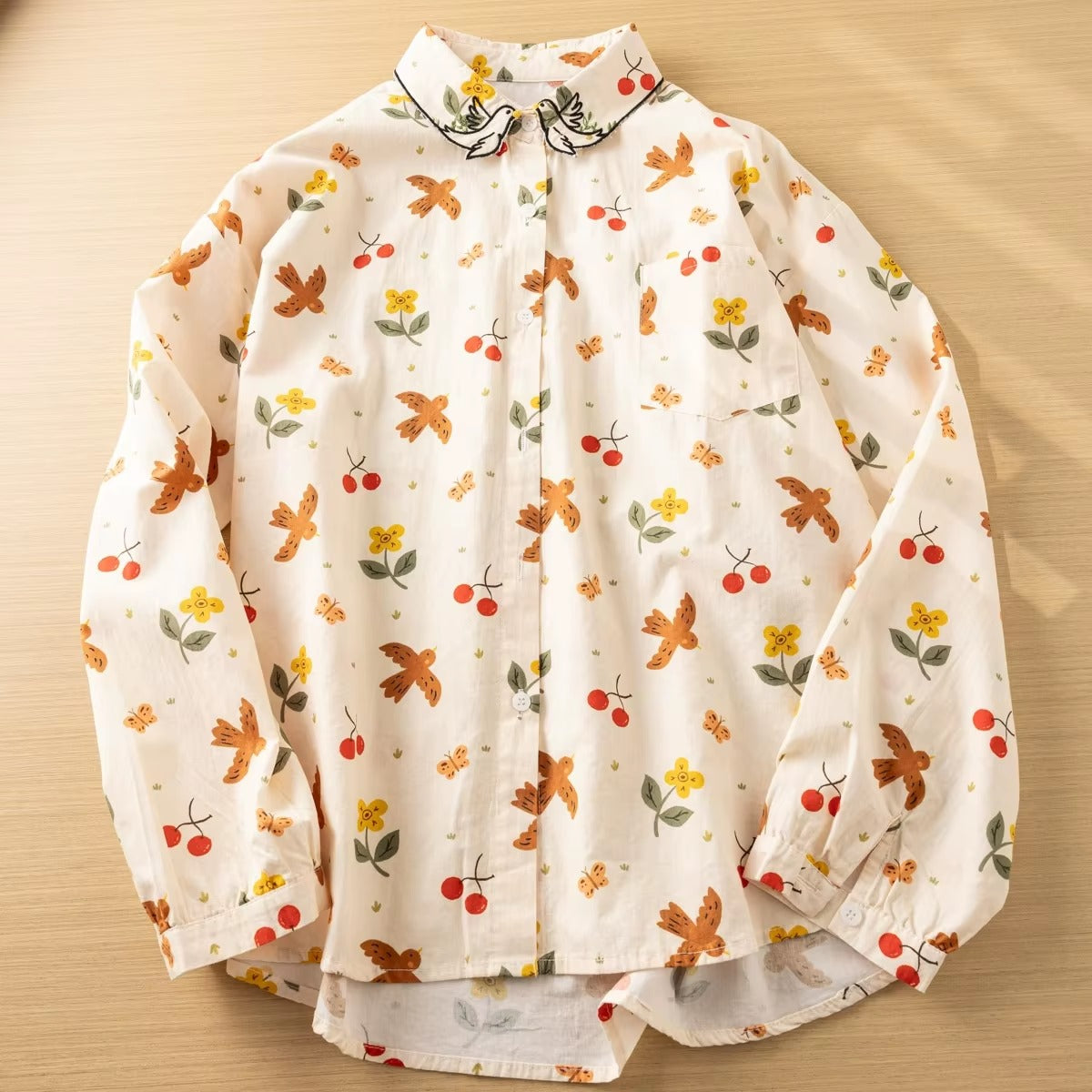 Bird & Cherry Print Button-Up Blouse