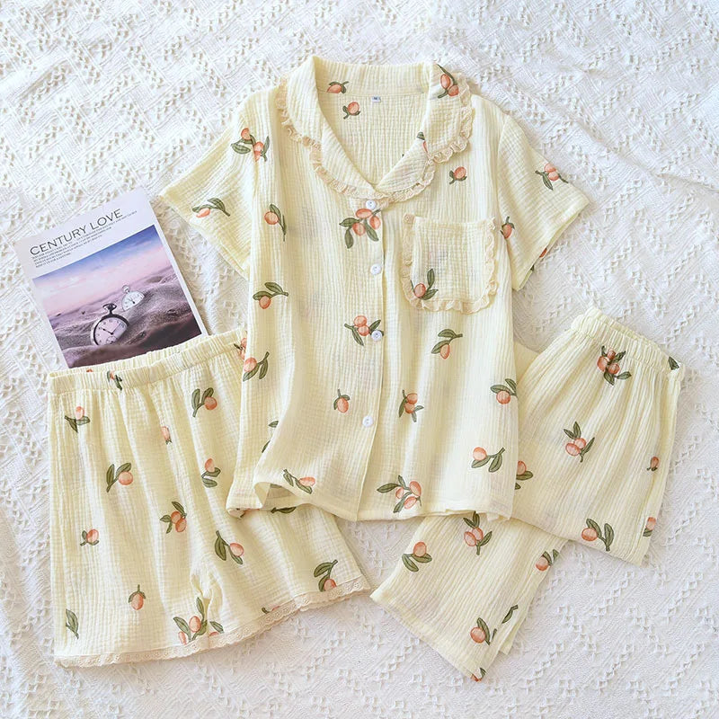 Rose Fruity Print Three-Piece Pyjama Set