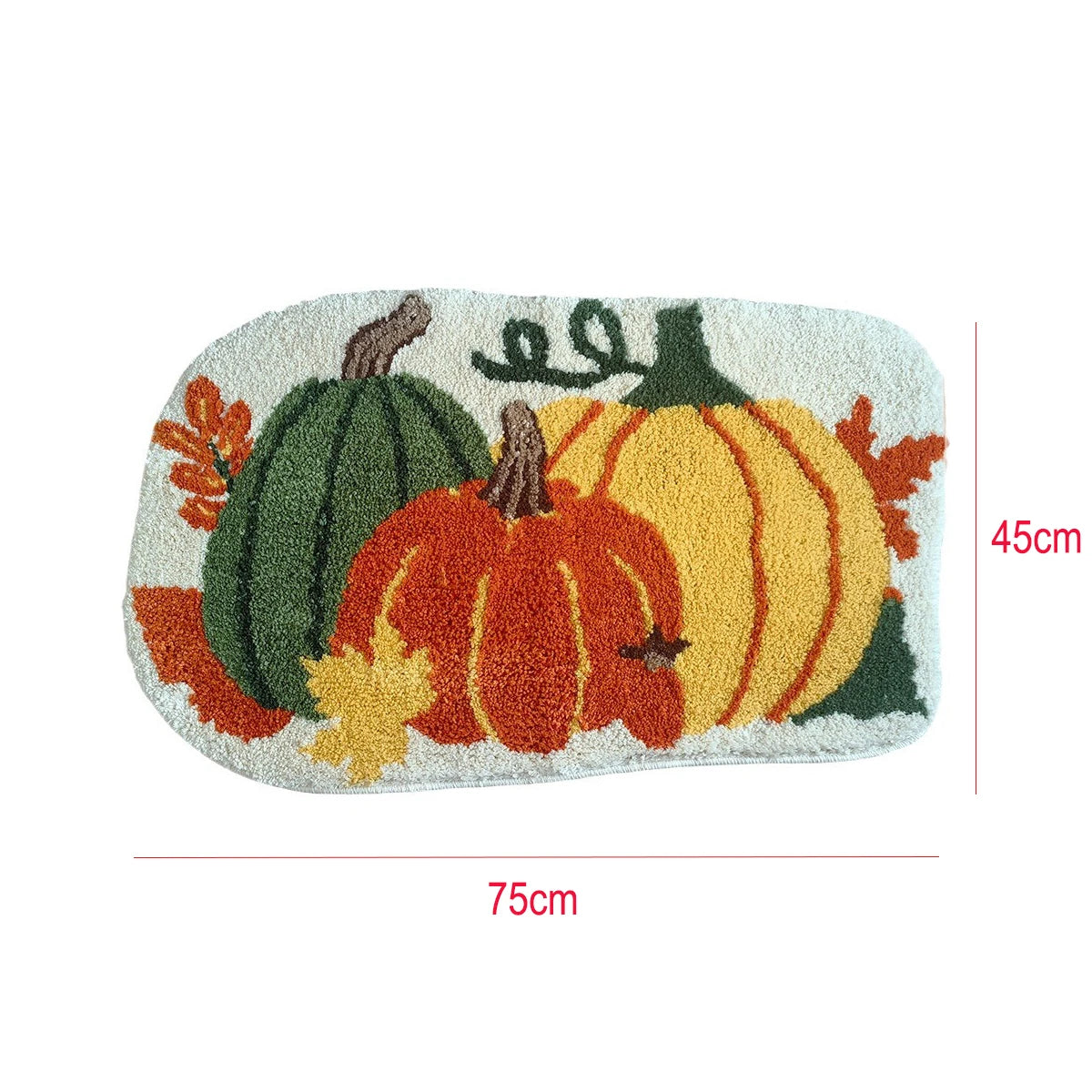 Decorative mat with pumpkins and gourds design, featuring dimensions on a white background.