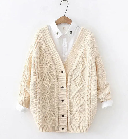 Cable Knitted Beige Cardigan