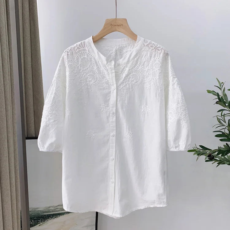 Hollow Out Embroidery White Blouse