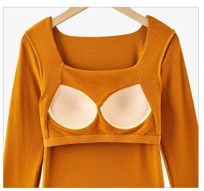 Square Neck Padded Long Sleeves Top
