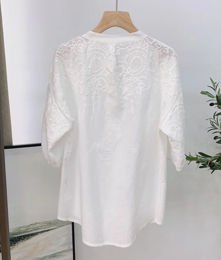 Hollow Out Embroidery White Blouse