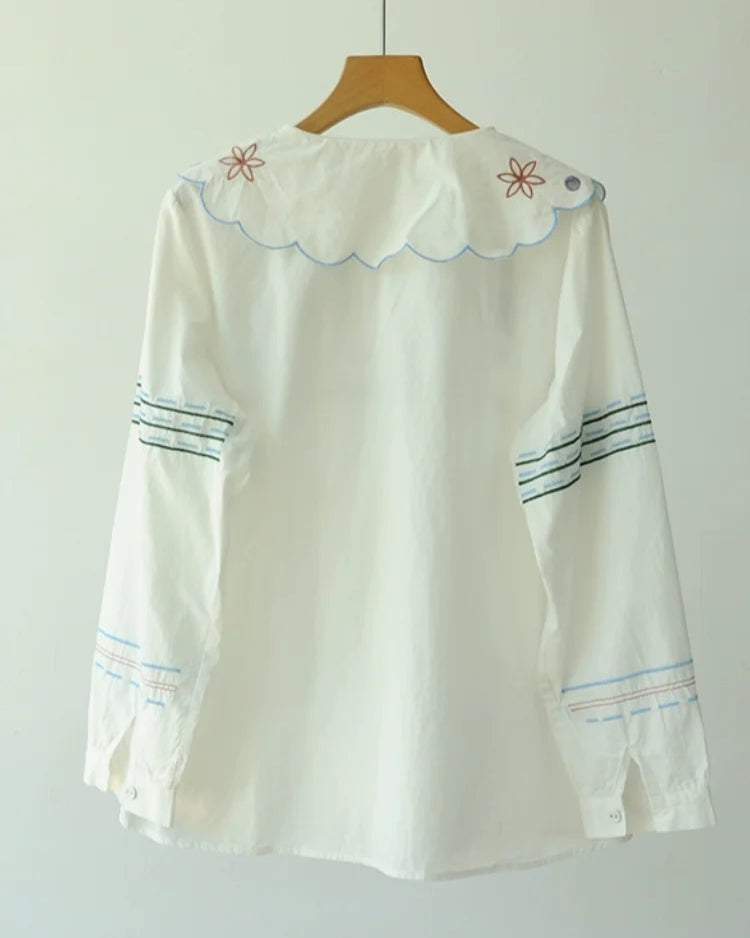 White blouse with floral embroidery on a wooden hanger against a white background