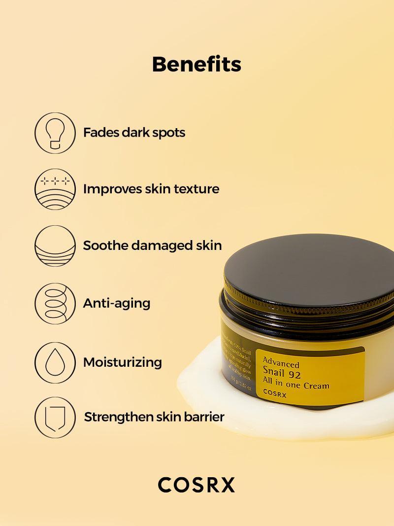 Cosrx cream jar with benefits listed on a beige background