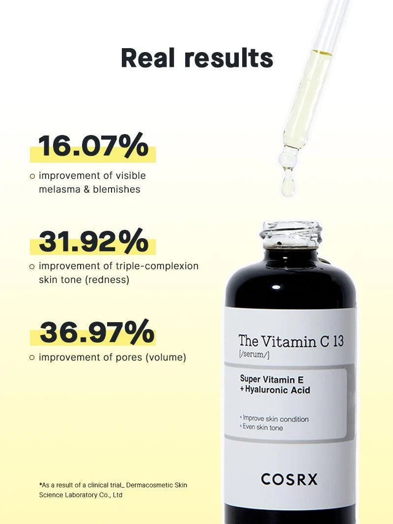 Cosrx Vitamin C13 serum bottle with dropper on a light yellow background, showing improvement percentages.