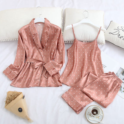 Satin Comfort Polka Dot Three-piece Pajama Set