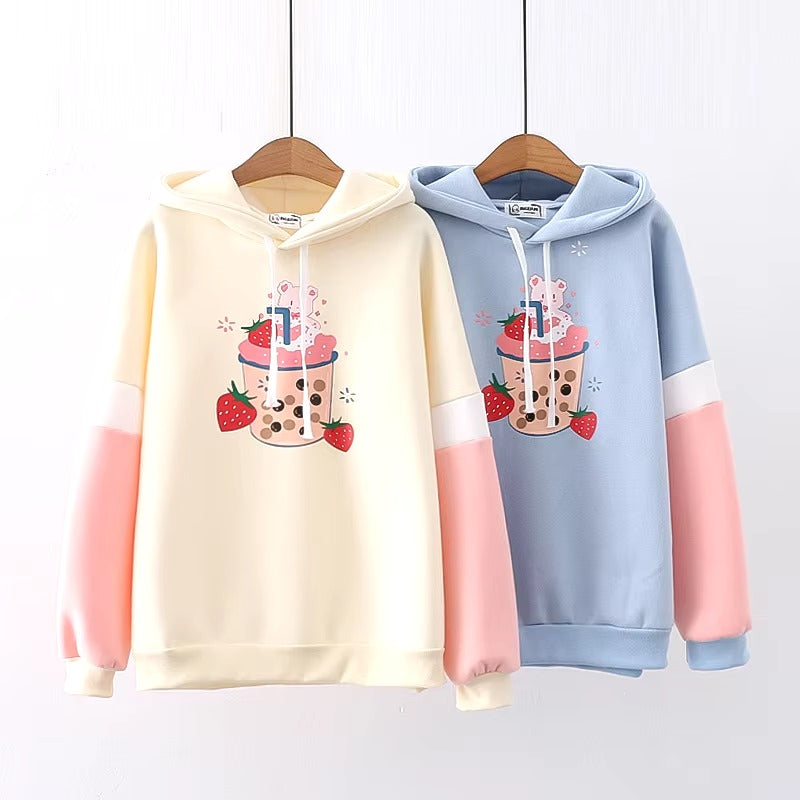 Strawberry Bear Boba Tea Kawaii Print Hoodies