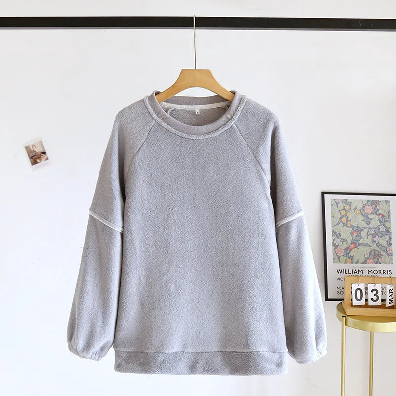 Cuddly Plush Basic Crew Neck Jumper Winter Women Sweater Top Coral Plush Thickened plush Long Sleeve Top Loose Flannel Sweater