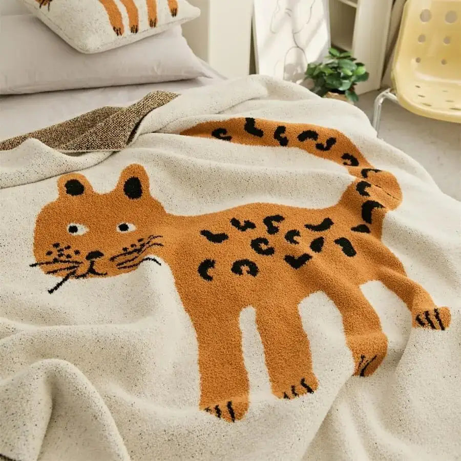 Bengal Cat Jacquard Knitted Blanket Chic Cozy Microfiber Downy Cute Room Decor Armchair Gamer Gaming Chair Sofa Bed TV Blankets