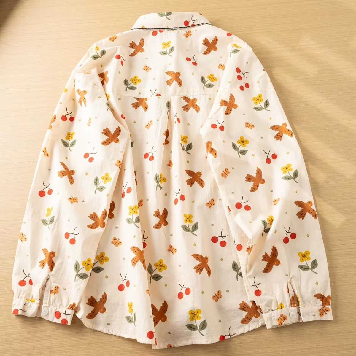 Bird & Cherry Print Button-Up Blouse