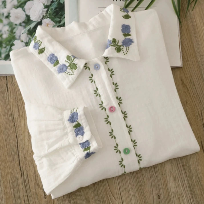 Blue Daisies Embroidery Shirt Blouse Mori Girl Boutique Double Layers Cotton Yarn Spring White Long Sleeve Shirt Blouse