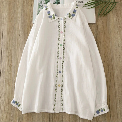 Blue Daisies Flowers Floral Embroidery Shirt Blouse Mori Girl  Double Layers Cotton Yarn Spring White Long Sleeve Shirt Blouse Cottagecore