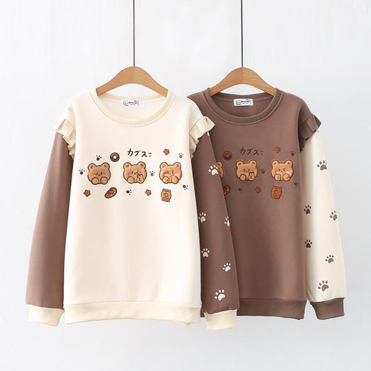 Candy Bear Sisters Sweater Long Sleeve Loose Sweatshirt Cartoon Embroidery Warm Casual Jumper Bear Girl Sister Trio