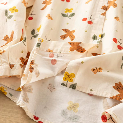 Bird & Cherry Print Button-Up Blouse