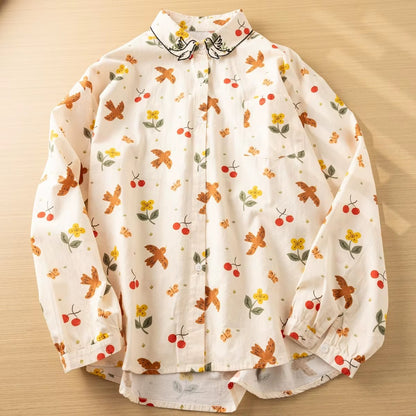 Bird & Cherry Print Button-Up Blouse