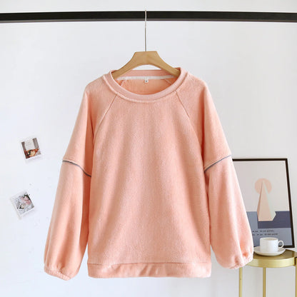Cuddly Plush Basic Crew Neck Jumper Winter Women Sweater Top Coral Plush Thickened plush Long Sleeve Top Loose Flannel Sweater