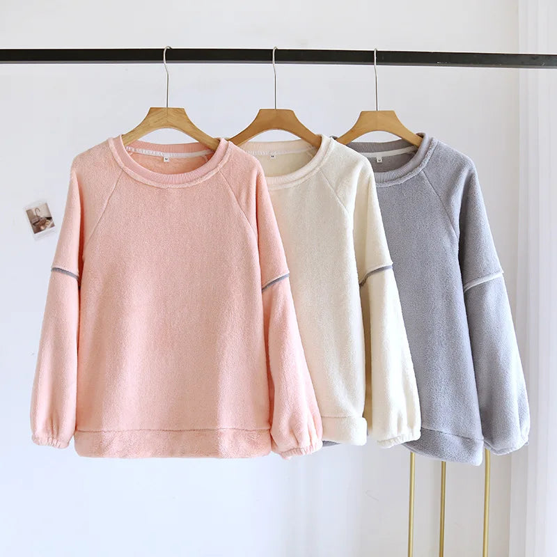 Cuddly Plush Basic Crew Neck Jumper Winter Women's Pajamas Single Piece Top Coral Plush Thickened plush Long Sleeve Top Loose Flannel Sweater