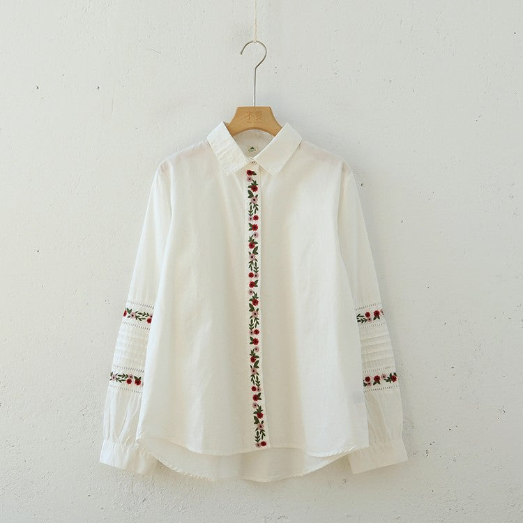 Delicate Floral Embroidery Vintage Style Blouse