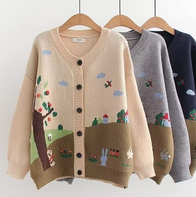 Fairytale Journey Storybook Knit Cardigan Autumn Long Sleeve O Neck Loose Sweater Preppy Cartoon Buttons Embroidered Cardigan Knitwear