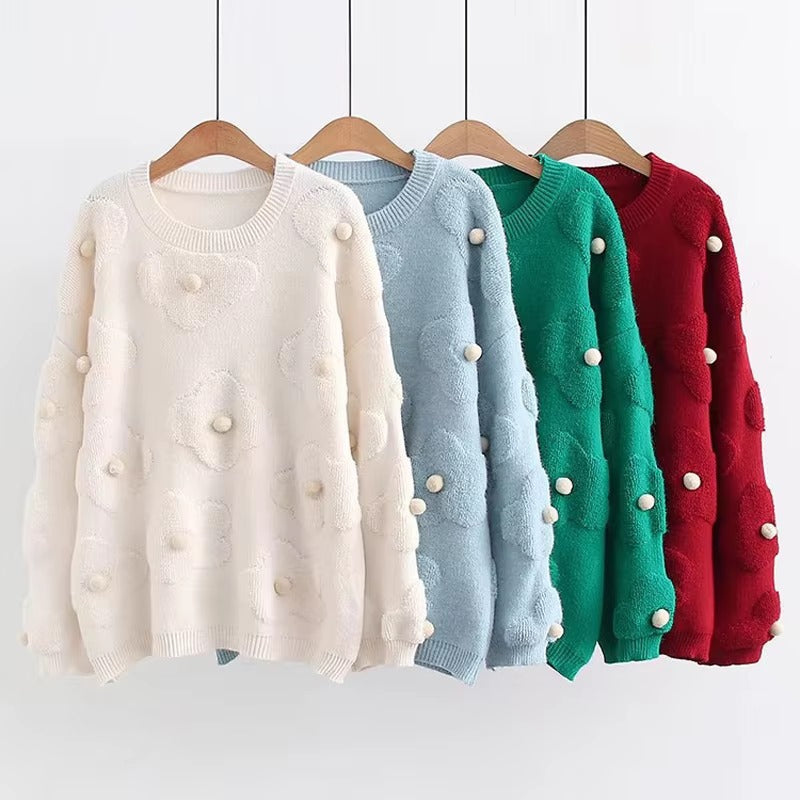 Floral Embroidered Crew Neck Knitted Sweater Women Pullover Korean Fashion Cozy Jumper Winter Fashion