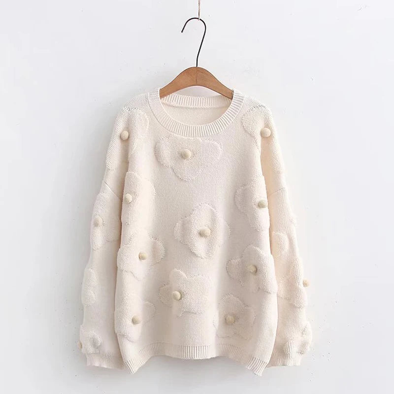 White Cream Floral Embroidered Crew Neck Knitted Sweater Women Pullover Korean Fashion Cozy Jumper Winter Fashion