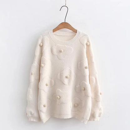 White Cream Floral Embroidered Crew Neck Knitted Sweater Women Pullover Korean Fashion Cozy Jumper Winter Fashion