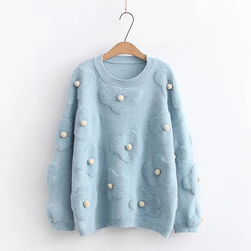 Floral Embroidered Crew Neck Knitted Sweater Women Pullover Korean Fashion Cozy Jumper Winter Fashion