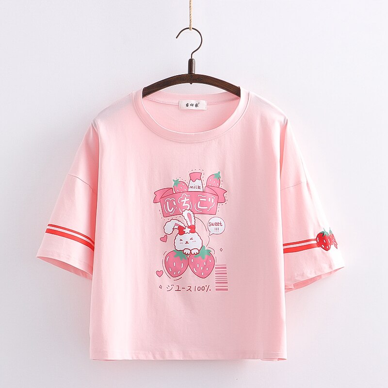 Pink Harajuku Strawberry Rabbit Print Women Cotton Top T Shirts