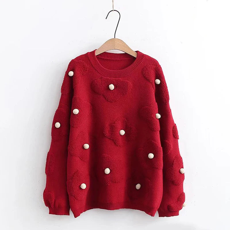 Winter Red Berry Christmas Floral Embroidered Crew Neck Knitted Sweater Women Pullover Korean Fashion Cozy Jumper Winter Fashion