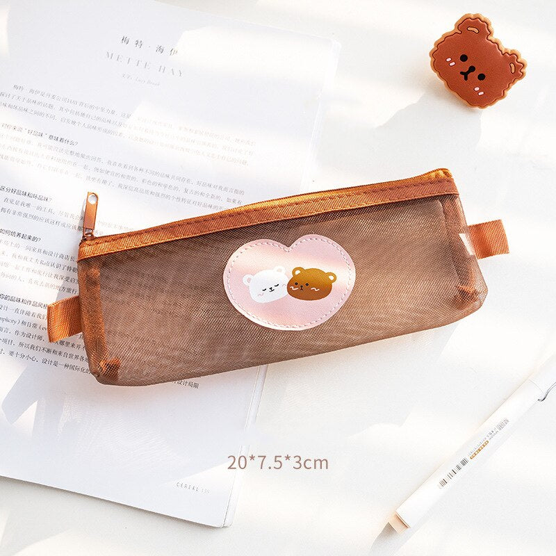 Brown Bear Mesh Pencil Case Coffee Colour Pouch for Stationery School Supplies for Writing 