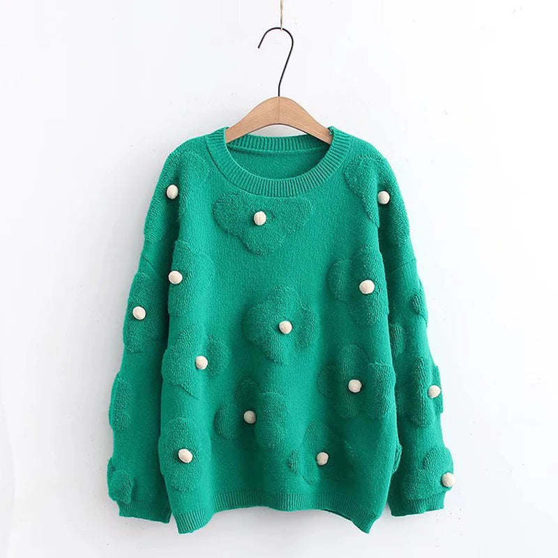 Floral Embroidered Crew Neck Knitted Sweater Women Pullover Korean Fashion Cozy Jumper Winter Fashion