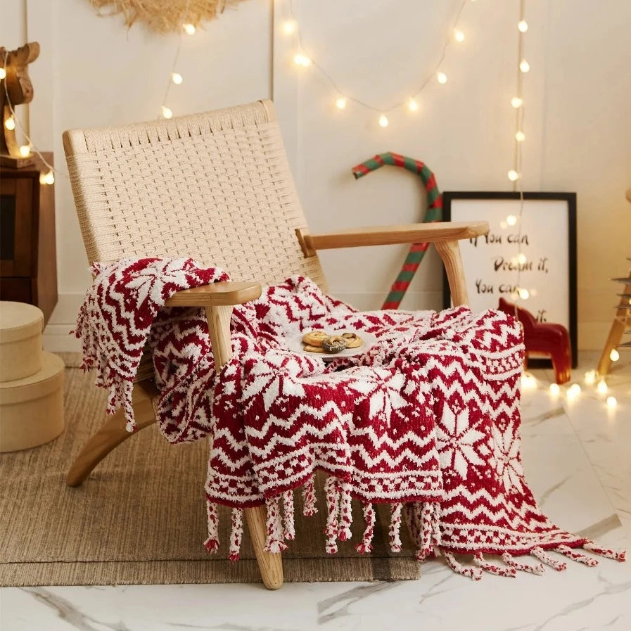 Festive Christmas Traditional Selburose Pattern Fringes Knit Blankets Cozy Microfibe Tufted Knitted Wine Red Home Decor Gift Plaid Throw Blanket