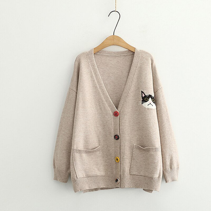 Women Cardigans Cartoon Cat Embroidery Casual Kawaii Cat Kitty Knitted Button Cardigan