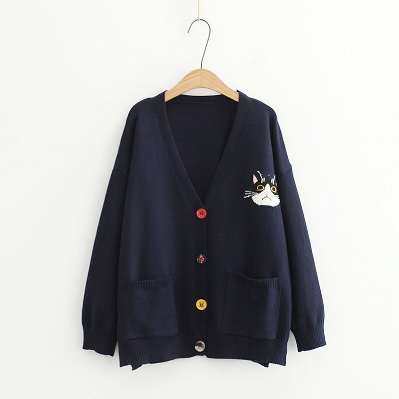 Women Cardigans Cartoon Cat Embroidery Casual Kawaii Cat Kitty Knitted Button Cardigan