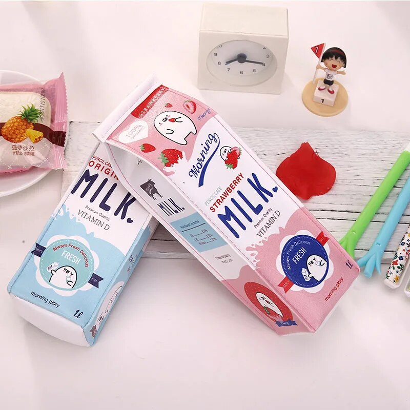 Kawaii Japanese Milk-inspired Pencil Case PU Leather Pen Bag Milk Carton Box Stationery Case for Student Cute Strawberry Banana Milkshake Stationery Office School A6454