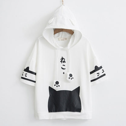 Monochrome Kitty Cat Hooded Top