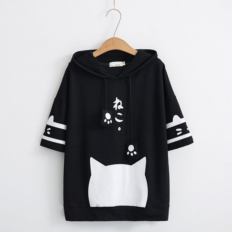 Monochrome Kitty Cat Hooded Top