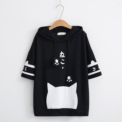 Monochrome Kitty Cat Hooded Top