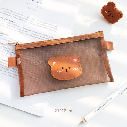 Brown Bear Mesh Pencil Case Coffee Colour Pouch for Stationery School Supplies for Writing 