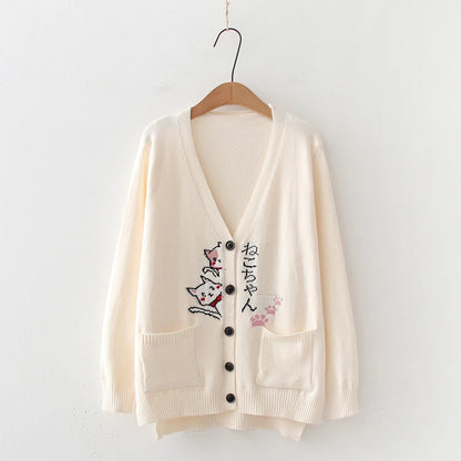 Beige Cream White Japanese Kawaii Cat Knitted Cardigan Button-down Girls Knitwear Cute Cat Autumn Outerwear