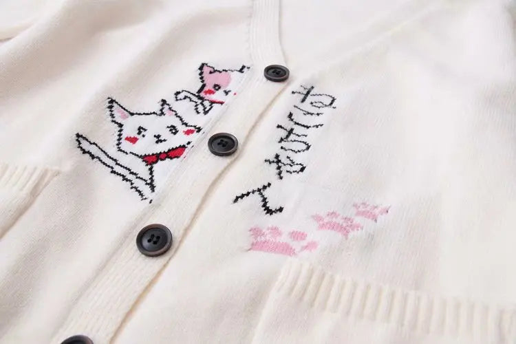 Beige Cream White Japanese Kawaii Cat Knitted Cardigan Button-down Girls Knitwear Cute Cat Autumn Outerwear