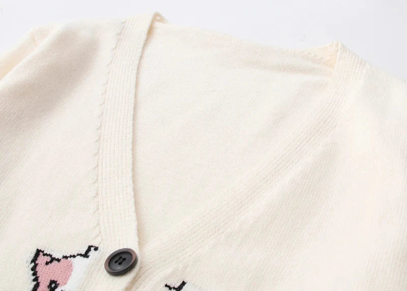 Beige Cream White Japanese Kawaii Cat Knitted Cardigan Button-down Girls Knitwear Cute Cat Autumn Outerwear