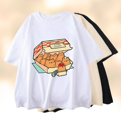 Kawaii Cat Nuggets Print T-Shirts Cute Kitty Cat Harajuku Fashion Summer Tee Shirt