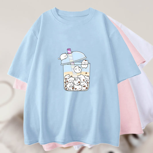 Mini Cats Boba Tea Printed T-Shirt