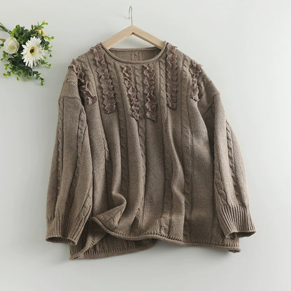 Coffee Brown Khaki Twisted Ruffles Casual Sweater Winter Autumn Women Round Neck Pullover hanarii shop cozy cute 