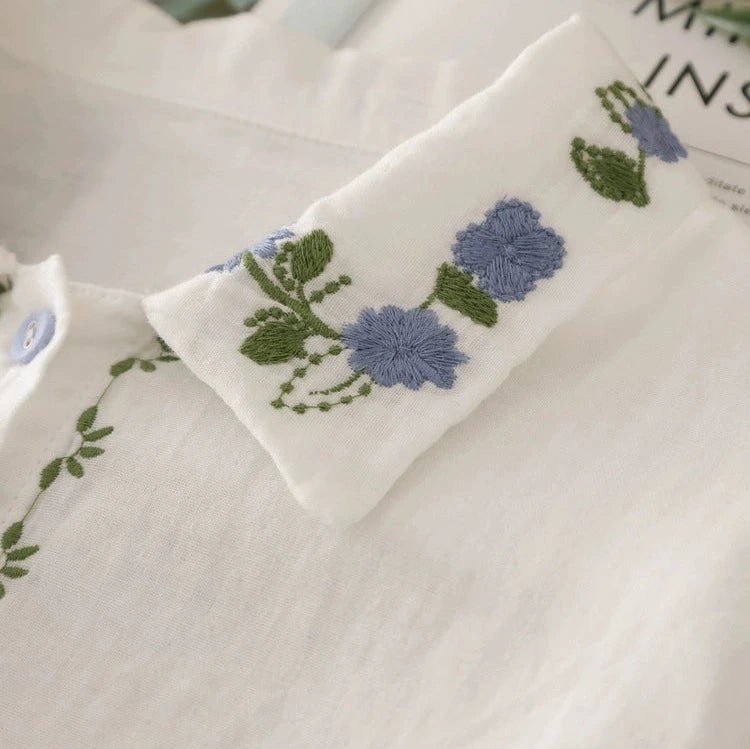 Blue Daisies Flowers Floral Embroidery Shirt 