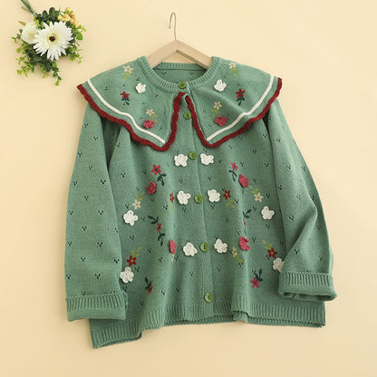 Sage Green Forest Green Holly Garden Retro Knitted Cardigan Sweater Embroidery Cardigan Women Outerwear Cottagecore Aesthetic Hanarii shop