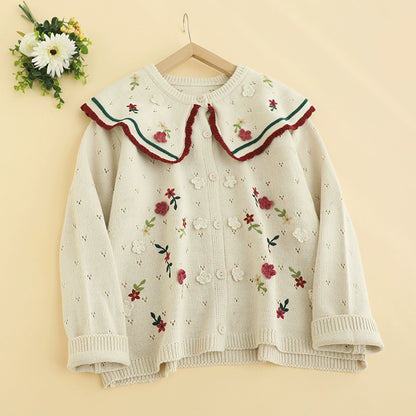 Beige Sweet Cream White Rose Garden Retro Knitted Cardigan Sweater Embroidery Cardigan Women Outerwear Cottagecore Aesthetic Hanarii shop